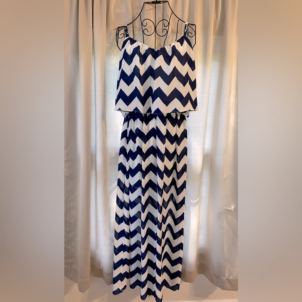 Women’s Navy Blue and White Chevron Maxi Dress with Adjustable Straps